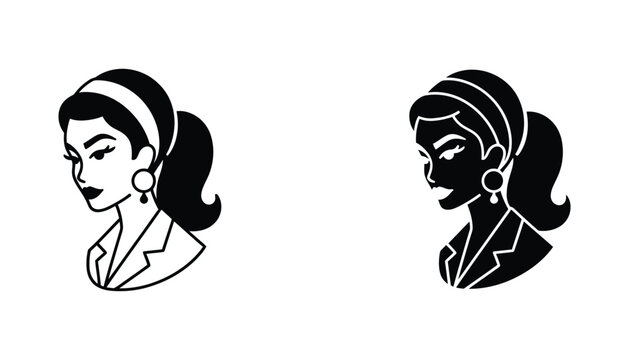 Elegant woman profile silhouette icon set featuring line art and solid black graphic styles of stylish lady face for beauty and fashion branding