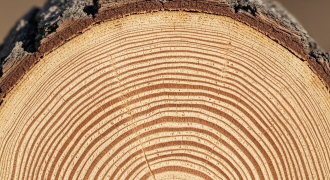 Detailed tree trunk cross section showing annual growth rings with rustic brown bark texture Wallpaper Background image