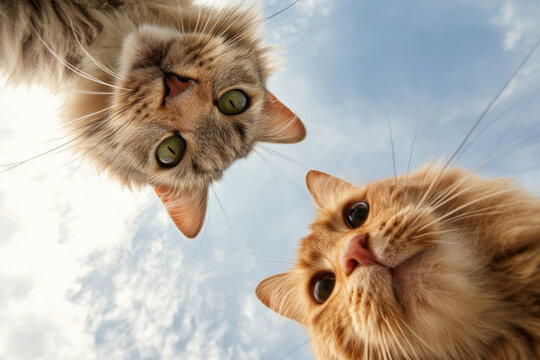 Two domestic cats, one gray tabby and one orange tabby, looking down from above against a blue sky with scattered clouds, capturing a playful perspective