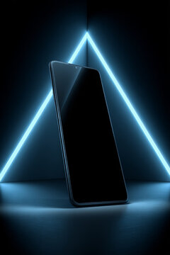 Sleek black smartphone mockup with a glowing screen, positioned at an extreme low angle against a dark background with geometric neon light reflections