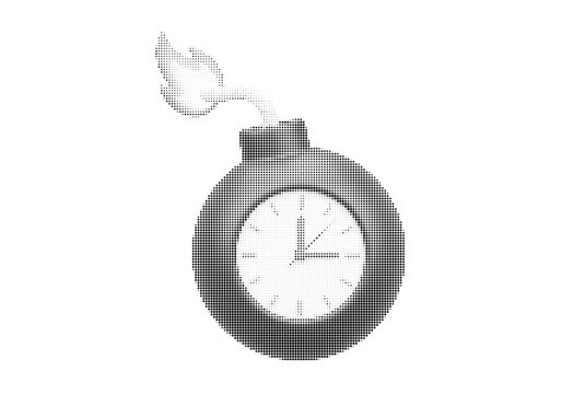 Alarm clock bomb with burning fuse, rendered in halftone dots, representing time pressure, deadline, or urgent situations, isolated on white.