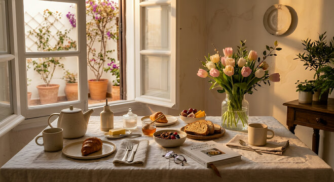 A breakfast table is set with croissants, bread, fruit, and coffee, bathed in warm morning light streaming through an open window overlooking a courtyard garden.