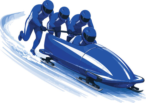 Four-man bobsled team racing down an icy track bobsleigh