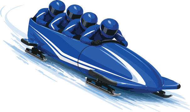 Four athletes in a blue bobsled racing down an ice track