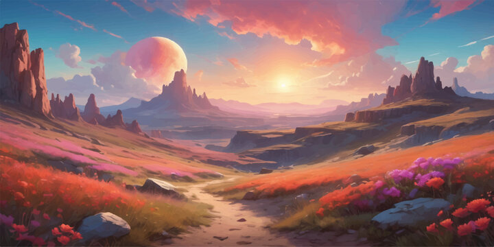 The vibrant morning sunlight and warm evening glow bathe the mountain landscape as colorful clouds drift across a stunning summer sky at sunrise and sunset