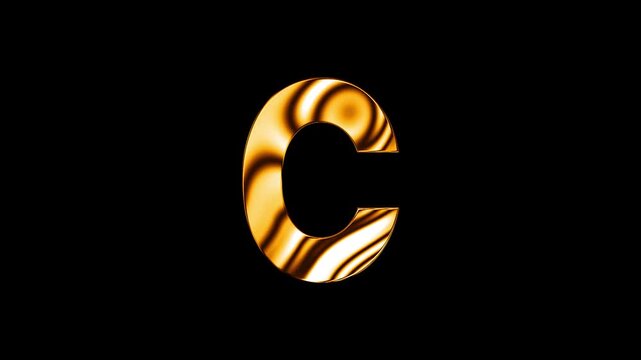 Animation of golden glass curve lines texture alphabet C text design with black background