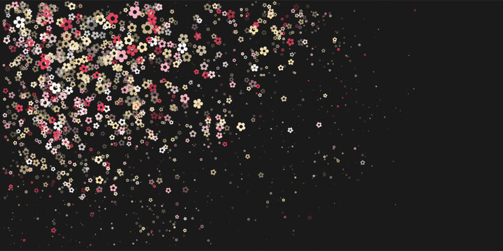 Vector abstract flowing flower particles and floral petals pink gold on dark background for nature technology digital lifestyle and creative spring luxury concept