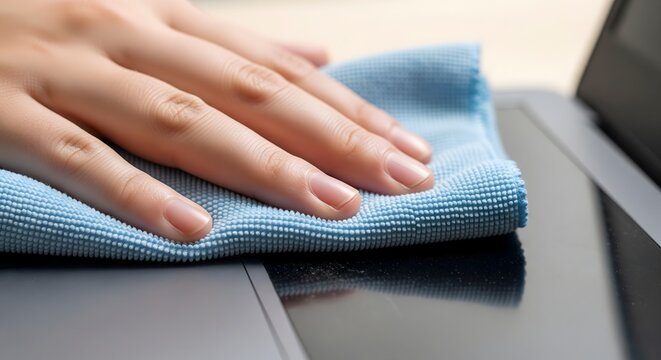 A person's hand meticulously cleans a laptop surface with a soft blue microfiber cloth, ensuring a spotless and hygienic electronic device.