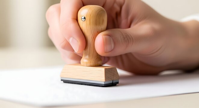 A person's hand pressing a traditional wooden rubber stamp onto a clean white sheet of paper, signifying official approval or certification.