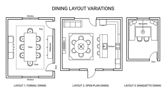 Architectural Blueprint Dining Layout Variations Design.