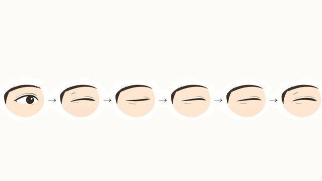 Frame-by-frame keyframe animation breakdown of a human eye gradually closing, soft minimalist flat illustration arranged horizontally on warm off-white textured background