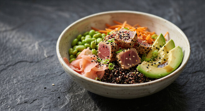 Healthy poke bowl with tuna and avocado as clean eating and nutrition concept

