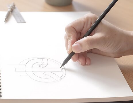 Hand drawing a modern, abstract logo design in a sketchbook with a pencil, showcasing creativity and graphic design process