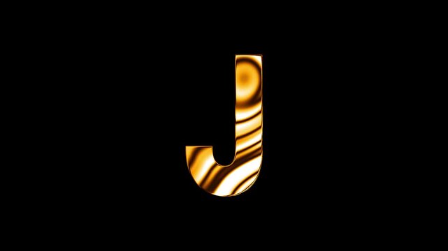 Animation of golden glass curve lines texture alphabet J text design with black background