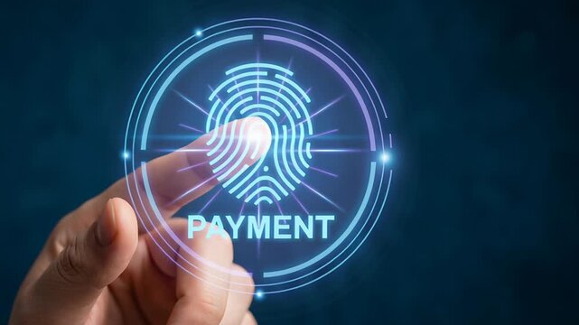 Fingerprint biometric technology secures mobile payment transactions on digital wallet platform providing safe identification and protection for user data in secure payment process