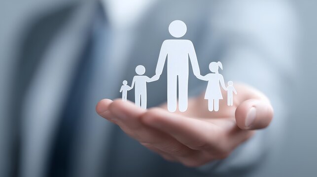 A professional hand holds icons of a family, symbolizing care, protection, and support in family values and societal connections.