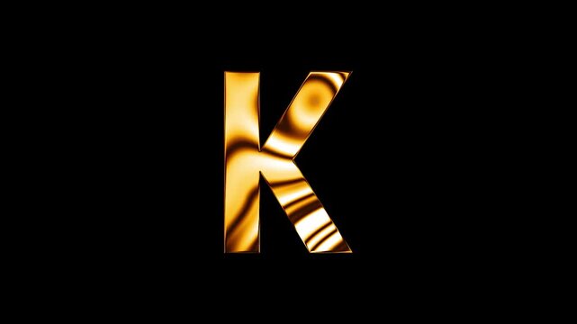 Animation of golden glass curve lines texture alphabet K text design with black background