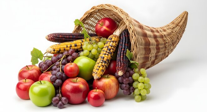 Abundant harvest cornucopia overflowing with fresh apples grapes and corn against white background