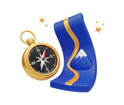 3d render of a golden compass next to a blue path with a mountain icon, isolated on transparent background, 3d png illustration