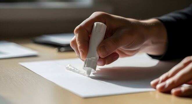A person's hand uses a white correction fluid pen to erase a mistake on a piece of paper, highlighting the process of rectifying errors in a professional or academic setting.