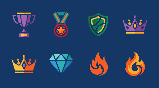 Modern Game Achievement Icon Set: Trophy, Medal, Crown, Diamond, and Fire Icons in Geometric Flat Design Style
