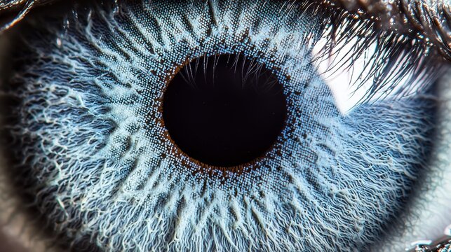 Iris color saturation extreme macro closeup blue eye detailed texture patterns natural fiber structure radial corneal reflections eyelash
