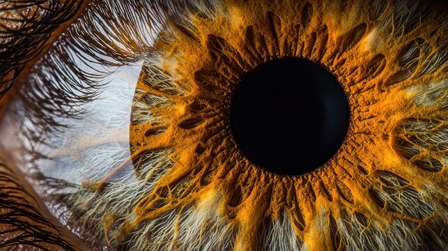 Iris fiber patterns ultra closeup revealing intricate brown amber fiber textures with corneal reflections artistic light refractions details