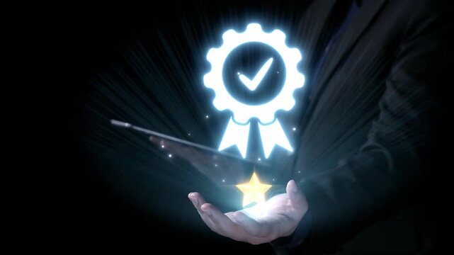 A glowing badge symbolizing quality, complete with stars and a check mark, highlights achievement and professional recognition in a dark environment. Ideal for various promotional uses. Qubit