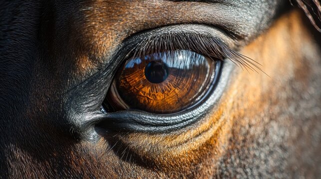Pupil size variation horse eye extreme closeup brown amber iris texture patterns eyelashes sharp focus professional macro animal detail