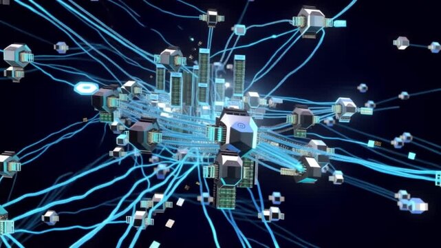 A glowing futuristic digital technology background with fiber optics light spots and a glowing blue energy wave animation tech video