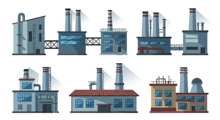 Obraz premium Collection of industrial factory buildings with chimneys and pipes.