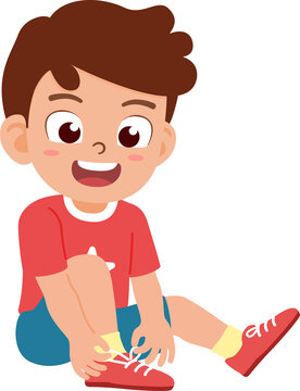 boy learning to tie his shoelaces, fine motor skills and Activities of Daily Living (ADL) concept