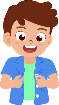 boy learning to button his shirt, fine motor skills and Activities of Daily Living (ADL) concept