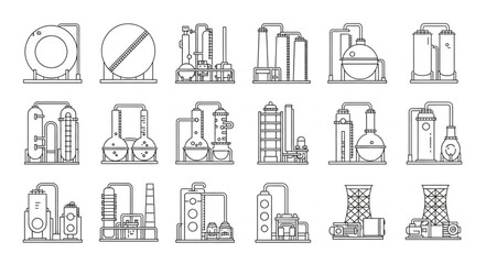Collection of Industrial Factory Building Icons in Sketch Style. © Selo