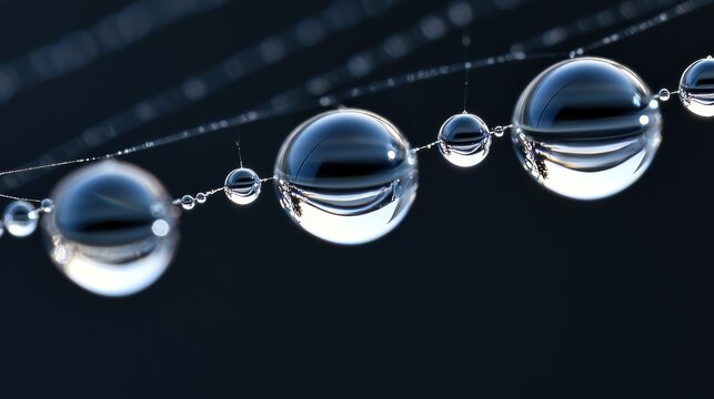 Surface tension droplet formation water droplets aligned on spider web silk strands showing perfect spherical shapes and hydrophobic pearling effect with natural lighting