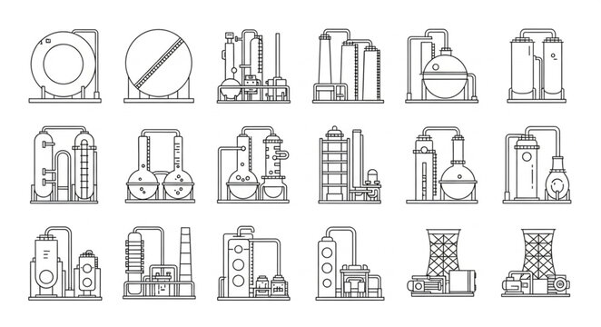 Collection of Industrial Factory Building Icons in Sketch Style.