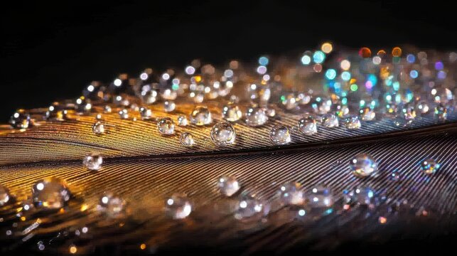 Water pearl formation macro feather hydrophobic crystalline droplets spherical surface tension barbules golden lighting bokeh background natural