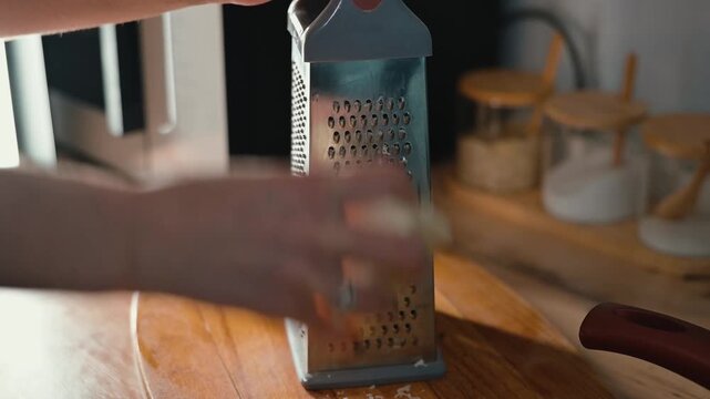 A hand grates cheese using a box grater in a kitchen setting. The focus is on the action, showcasing the method of preparing cheese for cooking