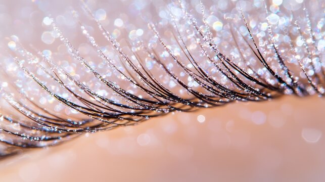 Lash tip texture ultra-close macro shot eyelash density natural clustering patterns multiple lashes converge varying lengths moisture droplets prismatic bokeh