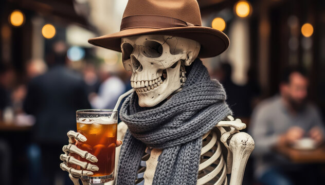 Memento Mori and Refreshments: A skeletal figure, adorned in a stylish hat and scarf, enjoys a refreshing beverage, a whimsical take on mortality and leisure.