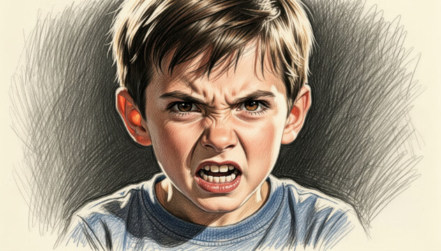 Anger Unveiled: A captivating portrait of a young boy expressing raw anger, etched with intricate detail, capturing the intensity of human emotion. 
