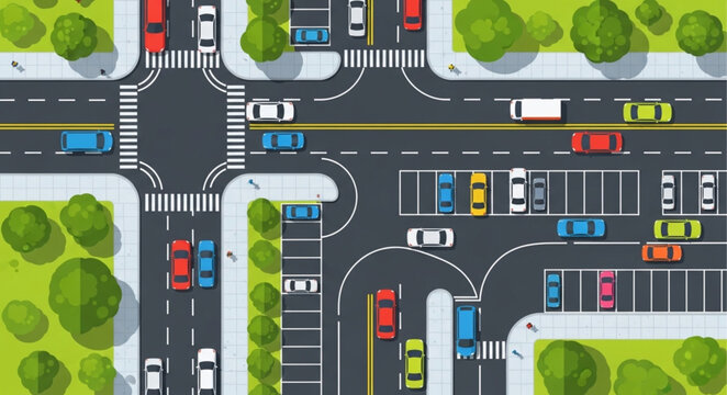 Busy City Intersection With Cars and Traffic Lights.