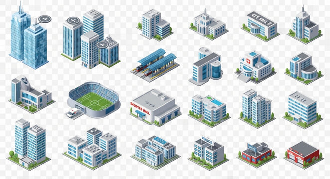 Collection of isometric modern city buildings and structures.