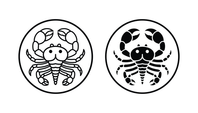 Crab zodiac sign symbol in circle frame as outline and solid black icon for astrology charts