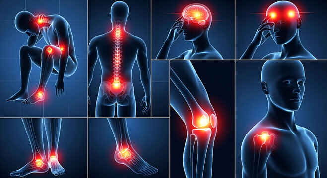 Human Body Joint Pain Points and Skeleton Inflammation Medical Collage