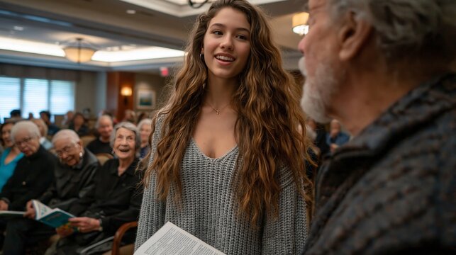 Young woman speaking at community event in formal hall. Intergenerational dialogue, public speaking, and civic engagement concept.