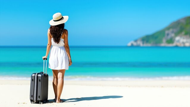 Beachside Solitude: A traveler pauses on the sands of an idyllic beach, hat casting a shadow, with a suitcase beside her and the shimmering sea inviting adventure.