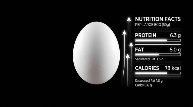 Nutrition facts label with egg on pure black background protein fat calories information