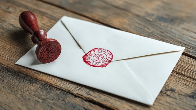 Sealed white envelope with red wax stamp and wooden handle stamper resting on rustic tabletop wood.