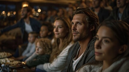 Obraz premium Family watching movie together at home theater. Togetherness, entertainment, and quality time concept.